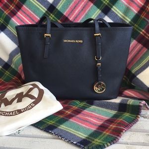 Michael Kors Navy Saffiano Leather Tote with Gold Hardware